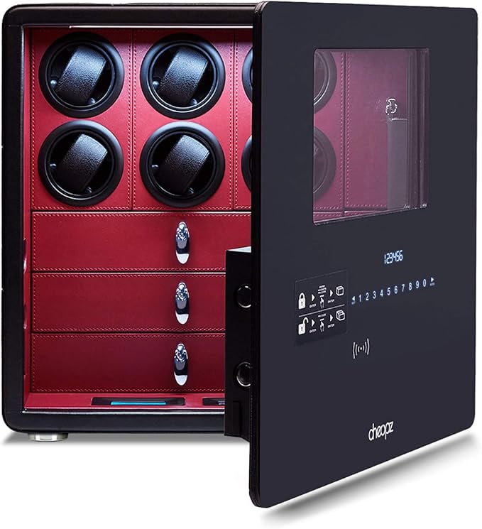 Cheopz Safe Watch Winder Box for 6 Automatic Watches & Multi Jewelry Storage with Lock Security