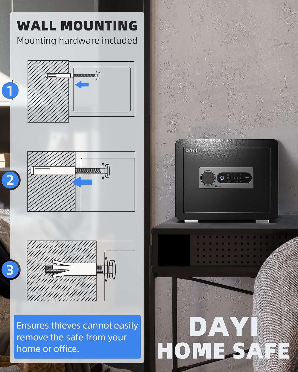 DAYI Biometric Fingerprint Safe Box, 3.0 Cubic Feet Home Safes with Fireproof Bag, Digital Touchpad Security Safe for Money Cash Documents, Dual Alarm System - DF-60 Pro