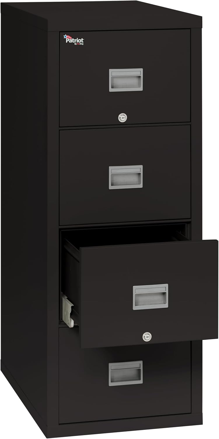 FireKing Patriot Vertical 4 Drawer Legal & Letter Fire Safe File Cabinet, Key Lock, 1 Hour Fire Rated UL Rated & Water Resistant, USA Made, Black