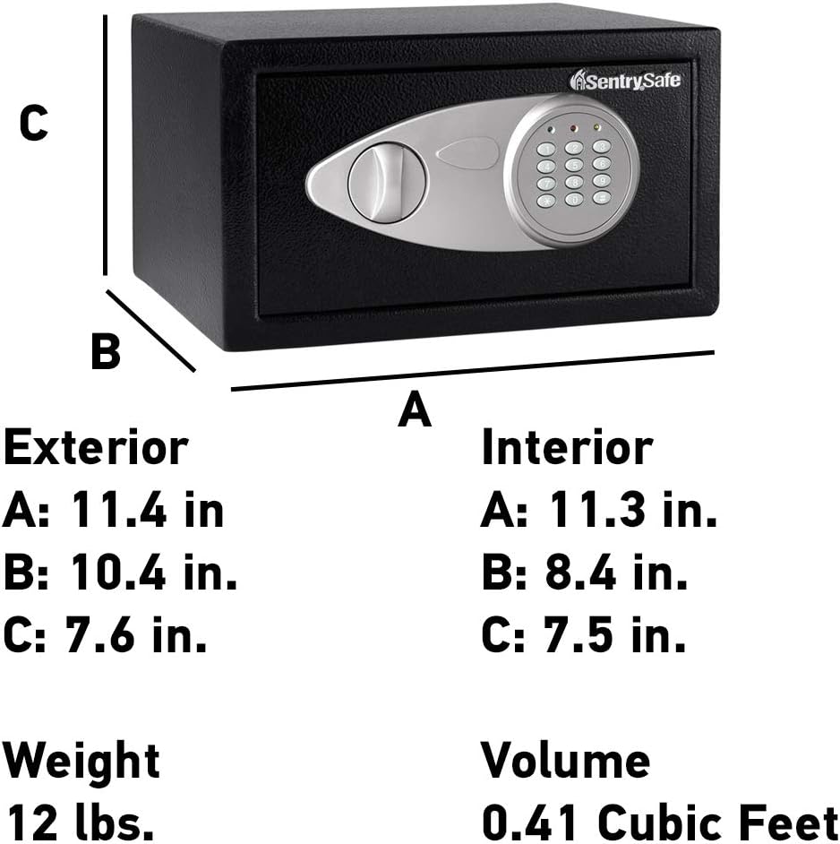SentrySafe Safe with Digital Keypad Lock, DOJ-Certified Steel Safe with Interior Lining and Bolt Down Kit for Money, Jewelry, Electronics, 0.58 Cubic Feet, 8.7 x 13.8 x 9.7 Inches, X055
