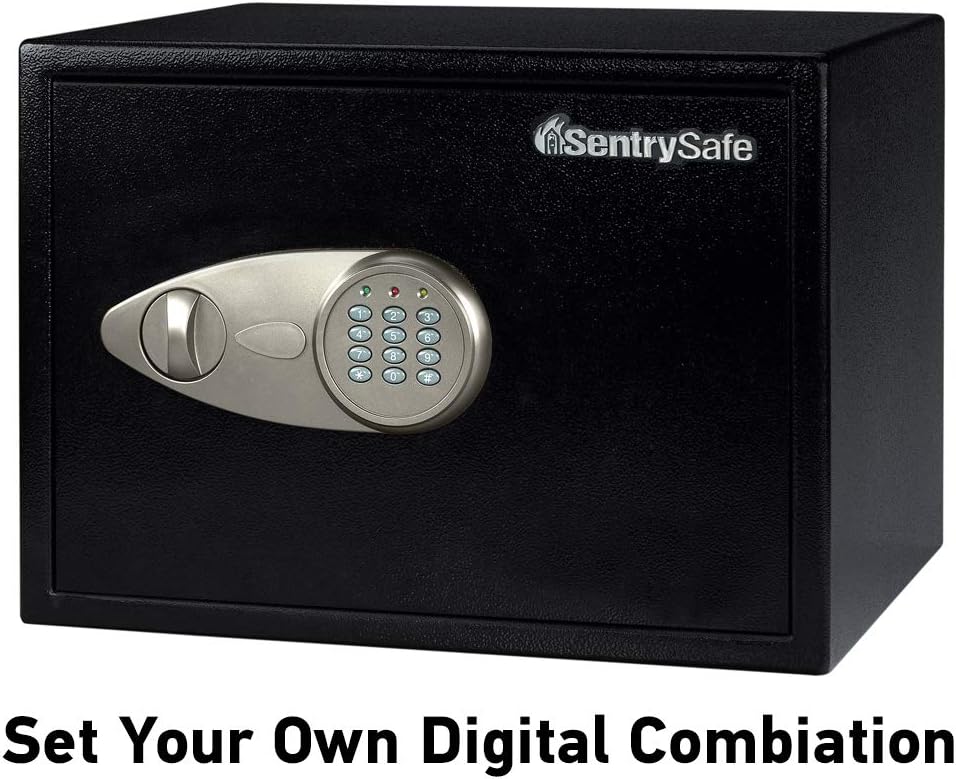 SentrySafe Safe with Digital Keypad Lock, DOJ-Certified Steel Safe with Interior Lining and Bolt Down Kit for Money, Jewelry, Electronics, 0.58 Cubic Feet, 8.7 x 13.8 x 9.7 Inches, X055