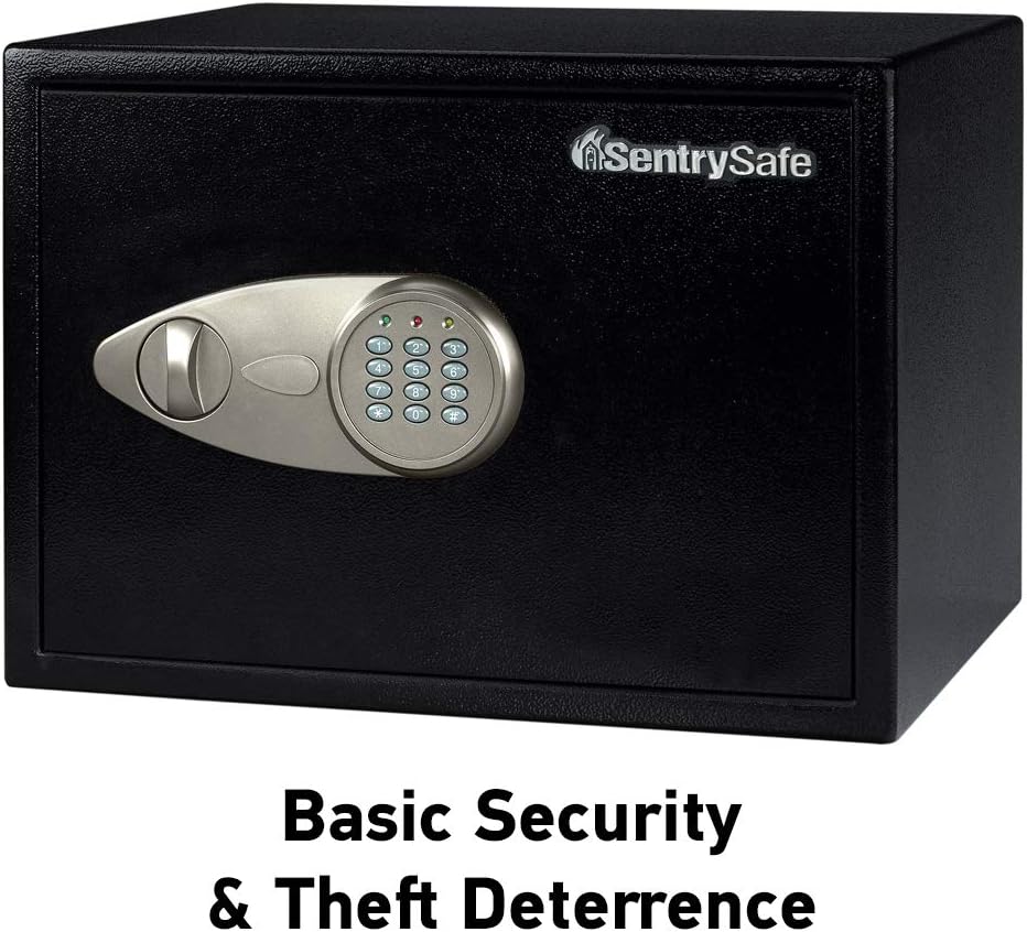 SentrySafe Safe with Digital Keypad Lock, DOJ-Certified Steel Safe with Interior Lining and Bolt Down Kit for Money, Jewelry, Electronics, 0.58 Cubic Feet, 8.7 x 13.8 x 9.7 Inches, X055