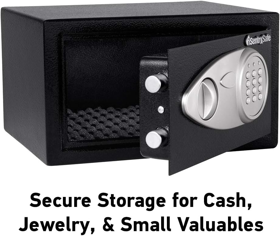 SentrySafe Safe with Digital Keypad Lock, DOJ-Certified Steel Safe with Interior Lining and Bolt Down Kit for Money, Jewelry, Electronics, 0.58 Cubic Feet, 8.7 x 13.8 x 9.7 Inches, X055