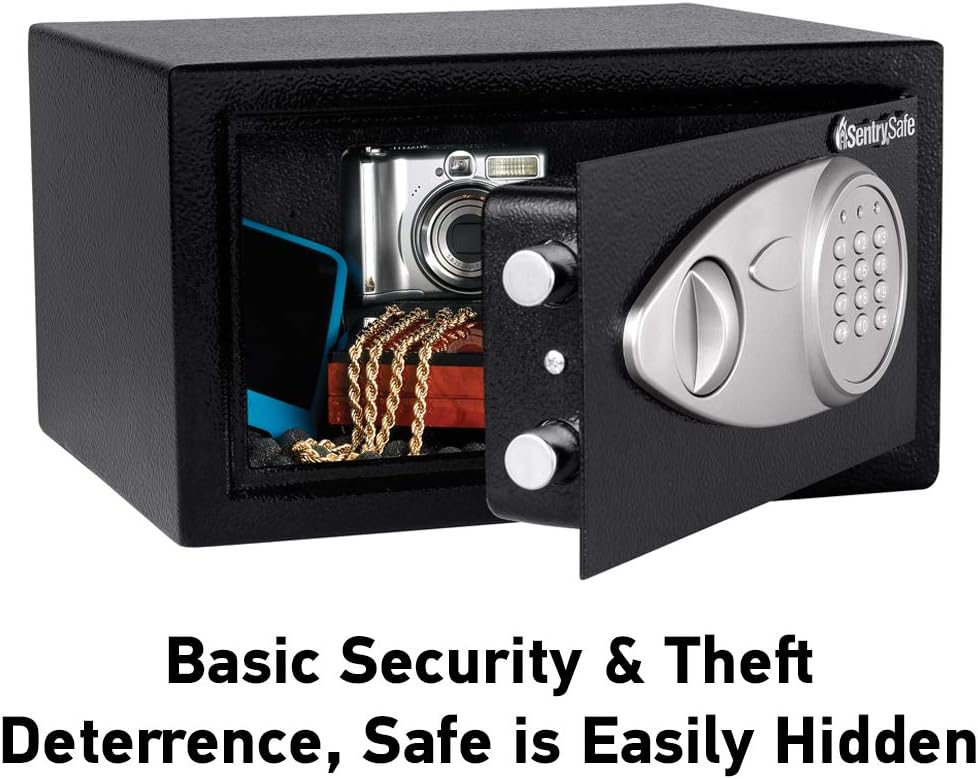 SentrySafe Safe with Digital Keypad Lock, DOJ-Certified Steel Safe with Interior Lining and Bolt Down Kit for Money, Jewelry, Electronics, 0.58 Cubic Feet, 8.7 x 13.8 x 9.7 Inches, X055