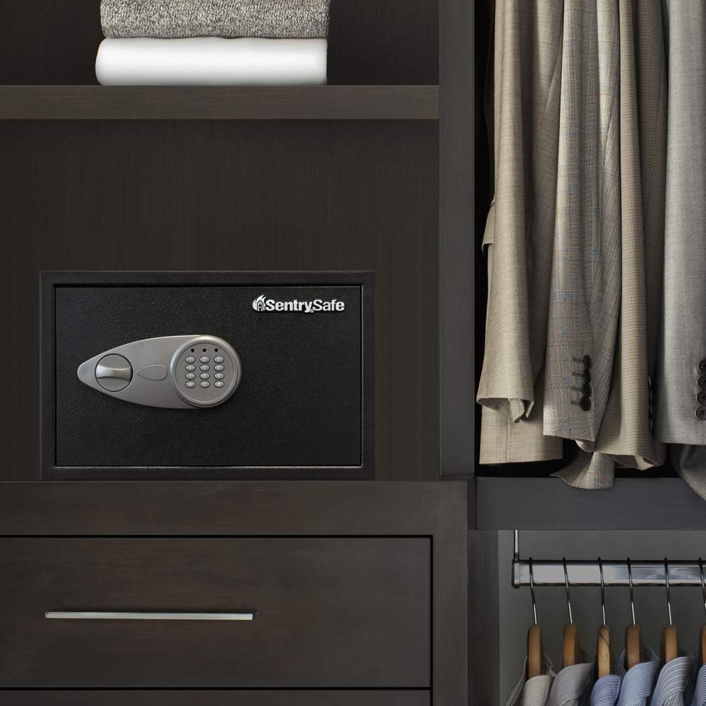 SentrySafe Safe with Digital Keypad Lock, DOJ-Certified Steel Safe with Interior Lining and Bolt Down Kit for Money, Jewelry, Electronics, 0.58 Cubic Feet, 8.7 x 13.8 x 9.7 Inches, X055