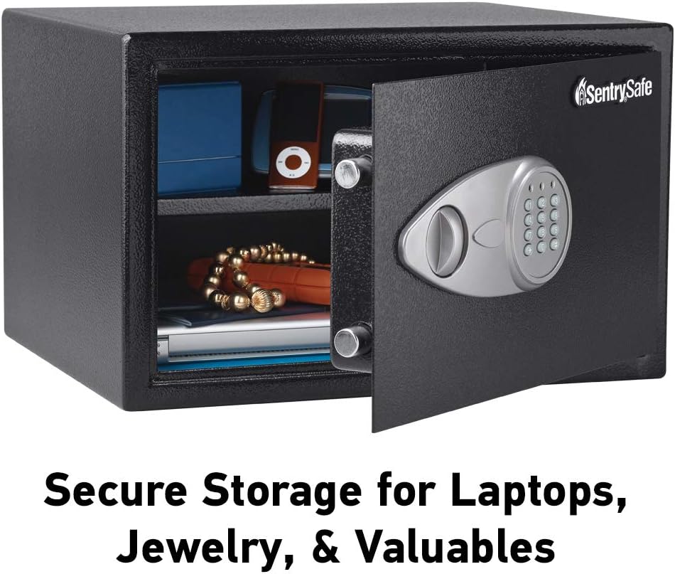 SentrySafe Safe with Digital Keypad Lock, DOJ-Certified Steel Safe with Interior Lining and Bolt Down Kit for Money, Jewelry, Electronics, 0.58 Cubic Feet, 8.7 x 13.8 x 9.7 Inches, X055