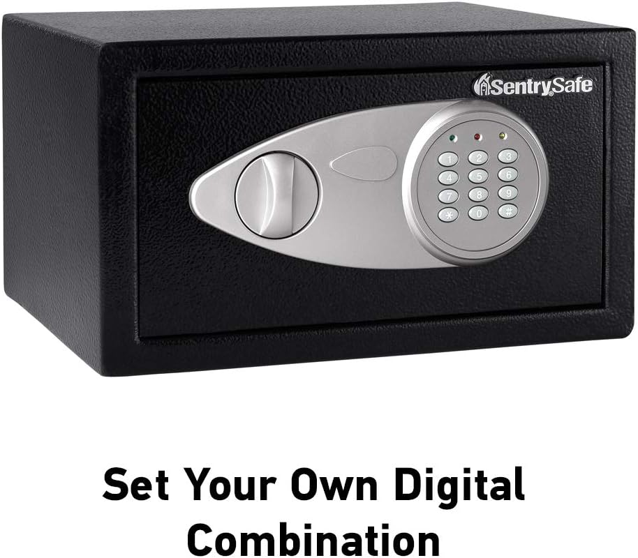 SentrySafe Safe with Digital Keypad Lock, DOJ-Certified Steel Safe with Interior Lining and Bolt Down Kit for Money, Jewelry, Electronics, 0.58 Cubic Feet, 8.7 x 13.8 x 9.7 Inches, X055