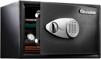 SentrySafe Safe with Digital Keypad Lock, DOJ-Certified Steel Safe with Interior Lining and Bolt Down Kit for Money, Jewelry, Electronics, 0.58 Cubic Feet, 8.7 x 13.8 x 9.7 Inches, X055