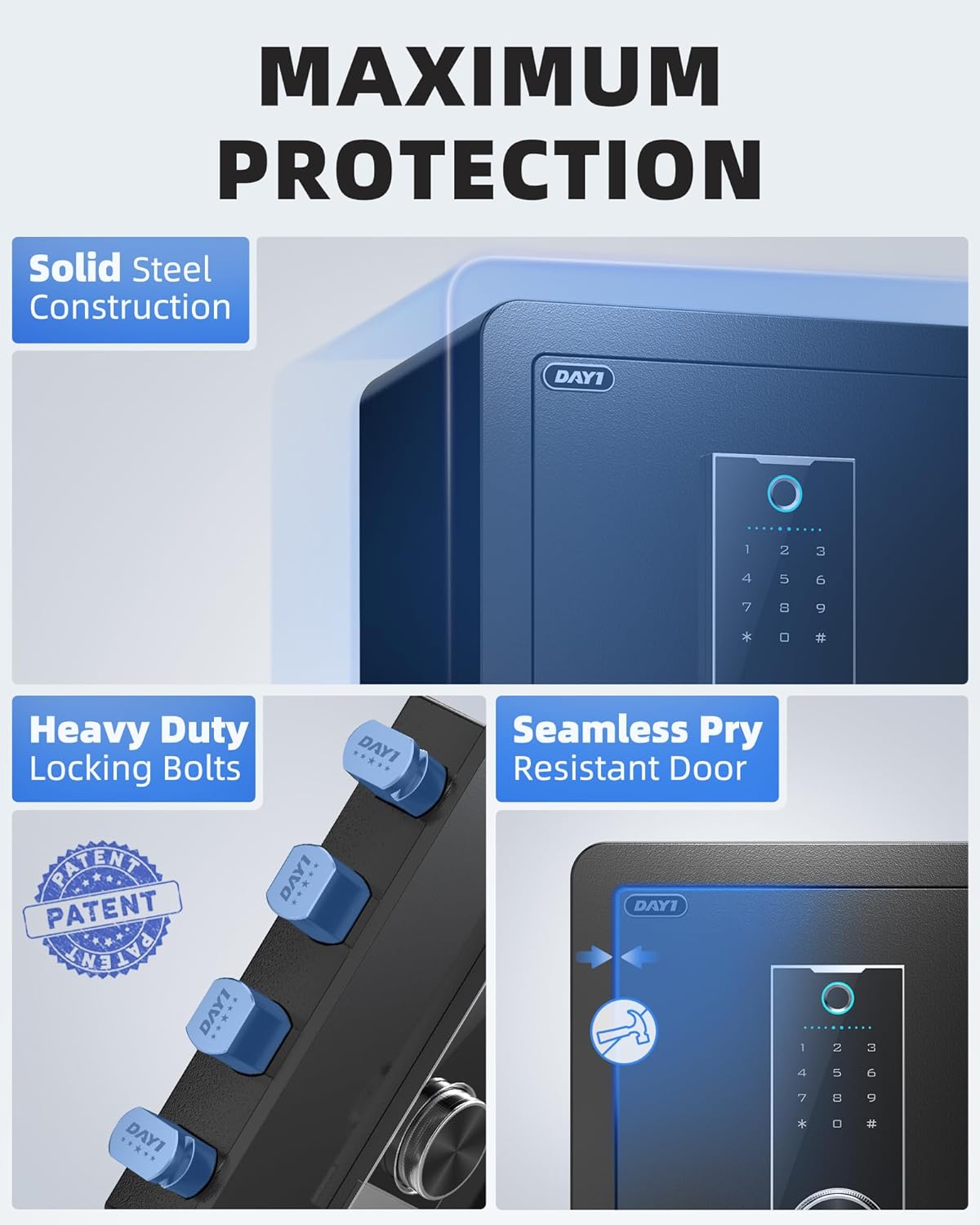 DAYI Biometric Fingerprint Safe Box, 3.0 Cubic Feet Home Safes with Fireproof Bag, Digital Touchpad Security Safe for Money Cash Documents, Dual Alarm System - DF-60 Pro