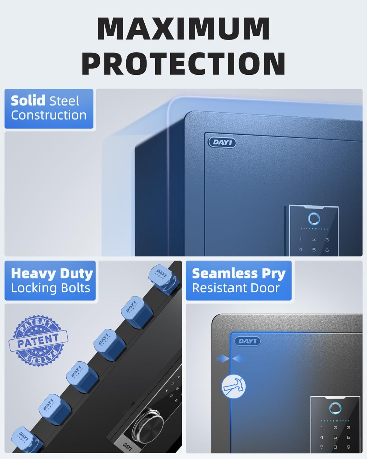 DAYI Biometric Fingerprint Safe Box, 3.0 Cubic Feet Home Safes with Fireproof Bag, Digital Touchpad Security Safe for Money Cash Documents, Dual Alarm System - DF-60 Pro