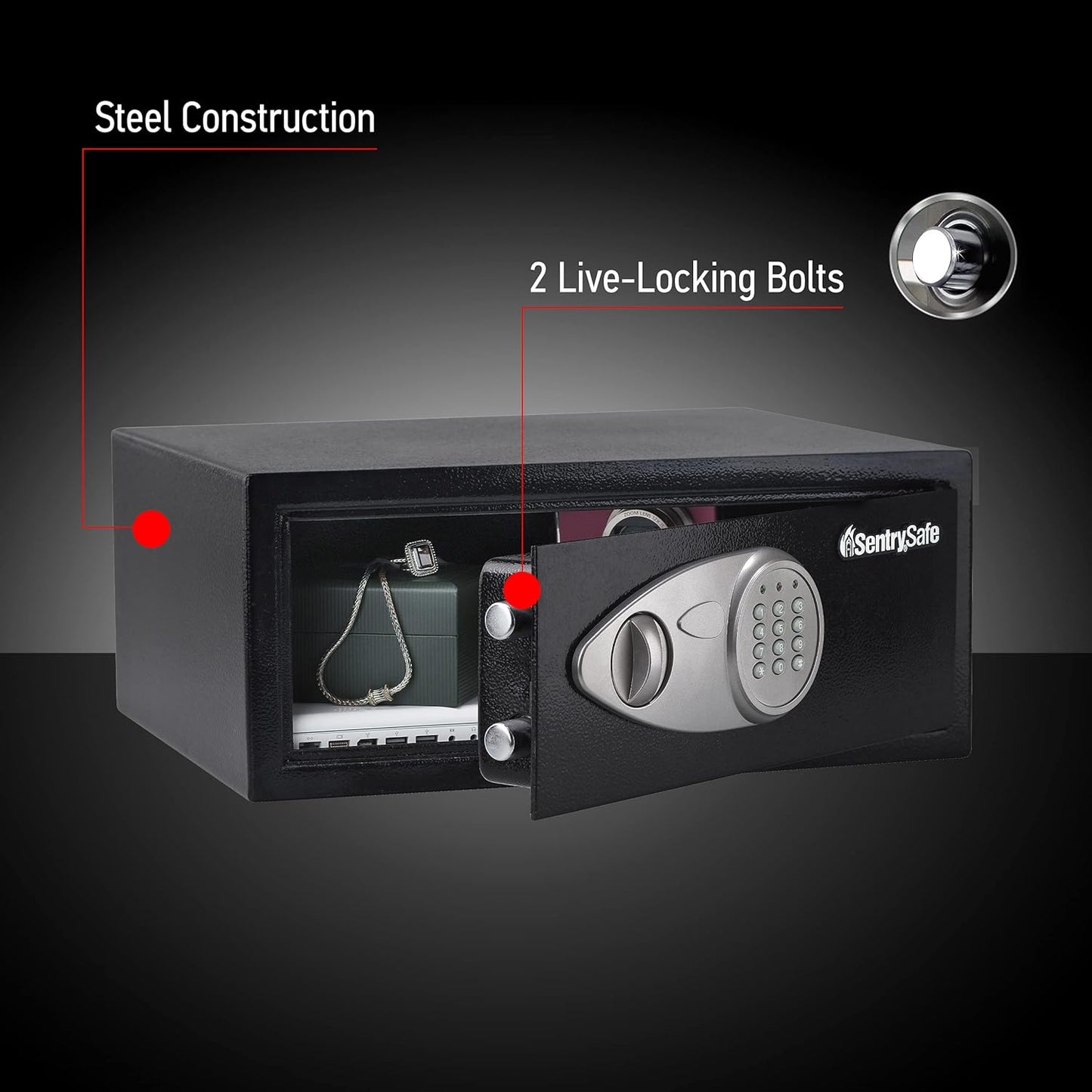 SentrySafe Safe with Digital Keypad Lock, DOJ-Certified Steel Safe with Interior Lining and Bolt Down Kit for Money, Jewelry, Electronics, 0.58 Cubic Feet, 8.7 x 13.8 x 9.7 Inches, X055