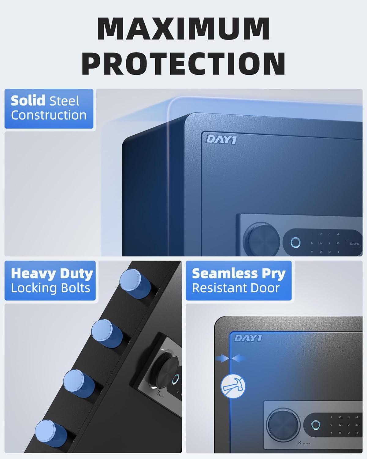 DAYI Biometric Fingerprint Safe Box, 3.0 Cubic Feet Home Safes with Fireproof Bag, Digital Touchpad Security Safe for Money Cash Documents, Dual Alarm System - DF-60 Pro