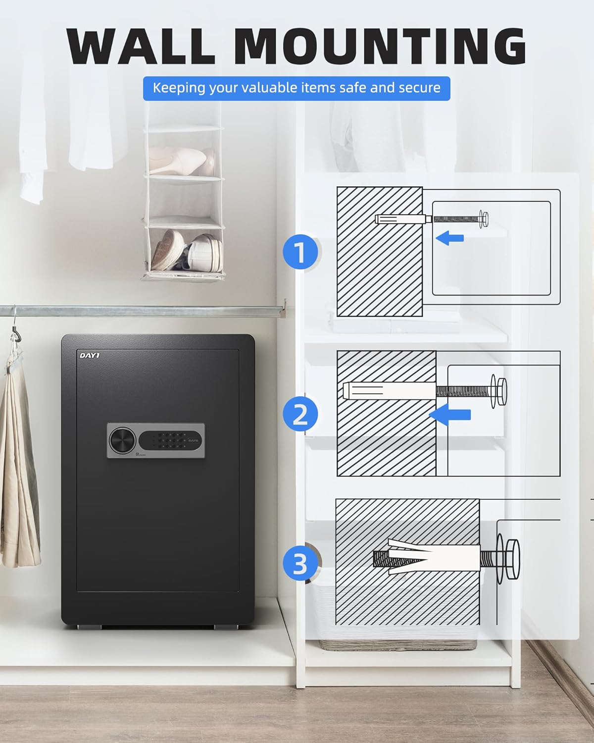 DAYI Safe Box, 2.0 Cubic Feet Home Safe with Fireproof Waterproof Bag, Security Safe Box for Money Cash Valuables, Digital Electronic Keypad, Dual Alarm System, Removable Shelf - D-45