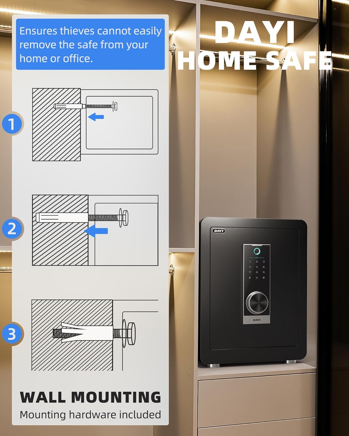DAYI Biometric Fingerprint Safe Box, 3.0 Cubic Feet Home Safes with Fireproof Bag, Digital Touchpad Security Safe for Money Cash Documents, Dual Alarm System - DF-60 Pro
