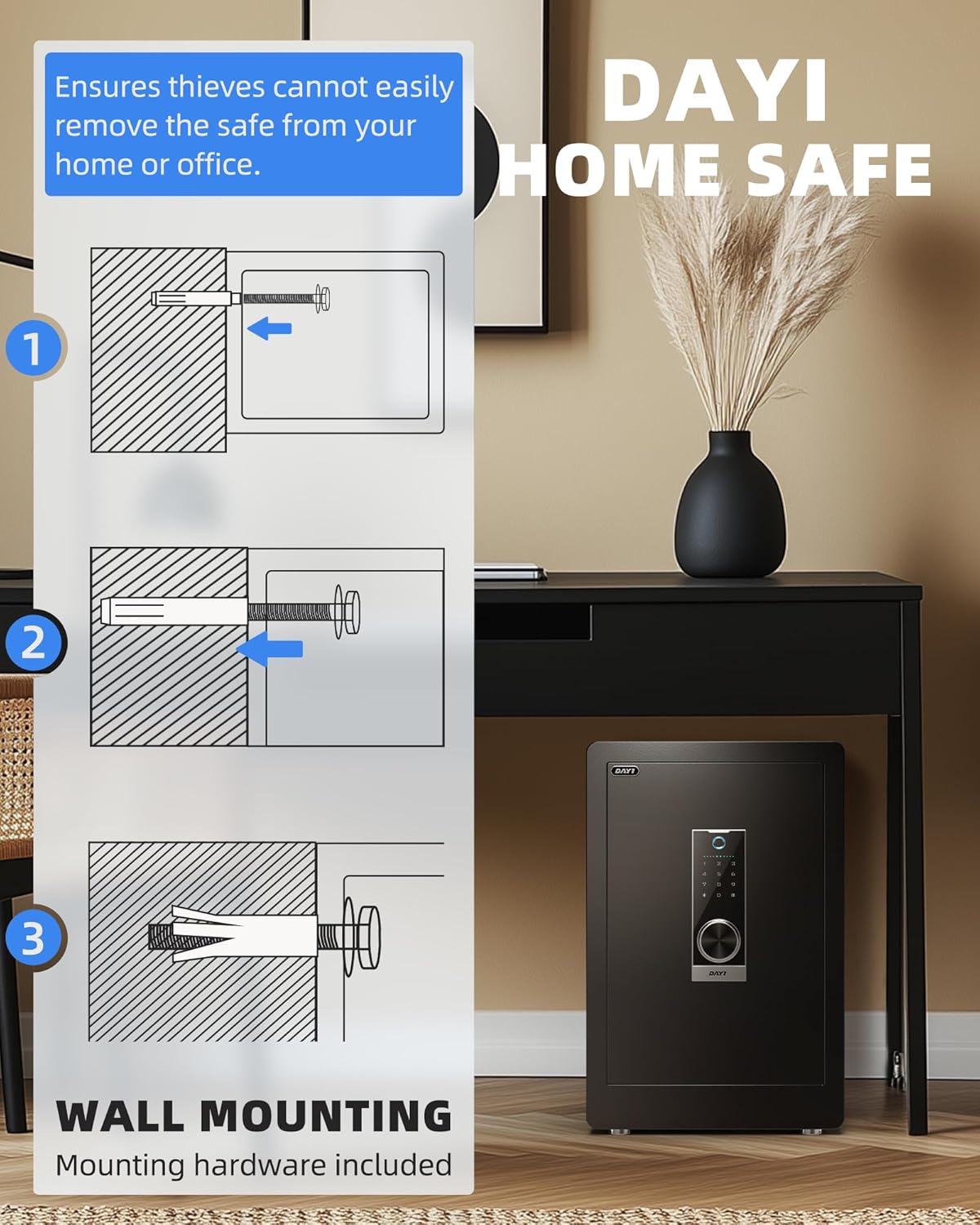 DAYI Biometric Fingerprint Safe Box, 3.0 Cubic Feet Home Safes with Fireproof Bag, Digital Touchpad Security Safe for Money Cash Documents, Dual Alarm System - DF-60 Pro