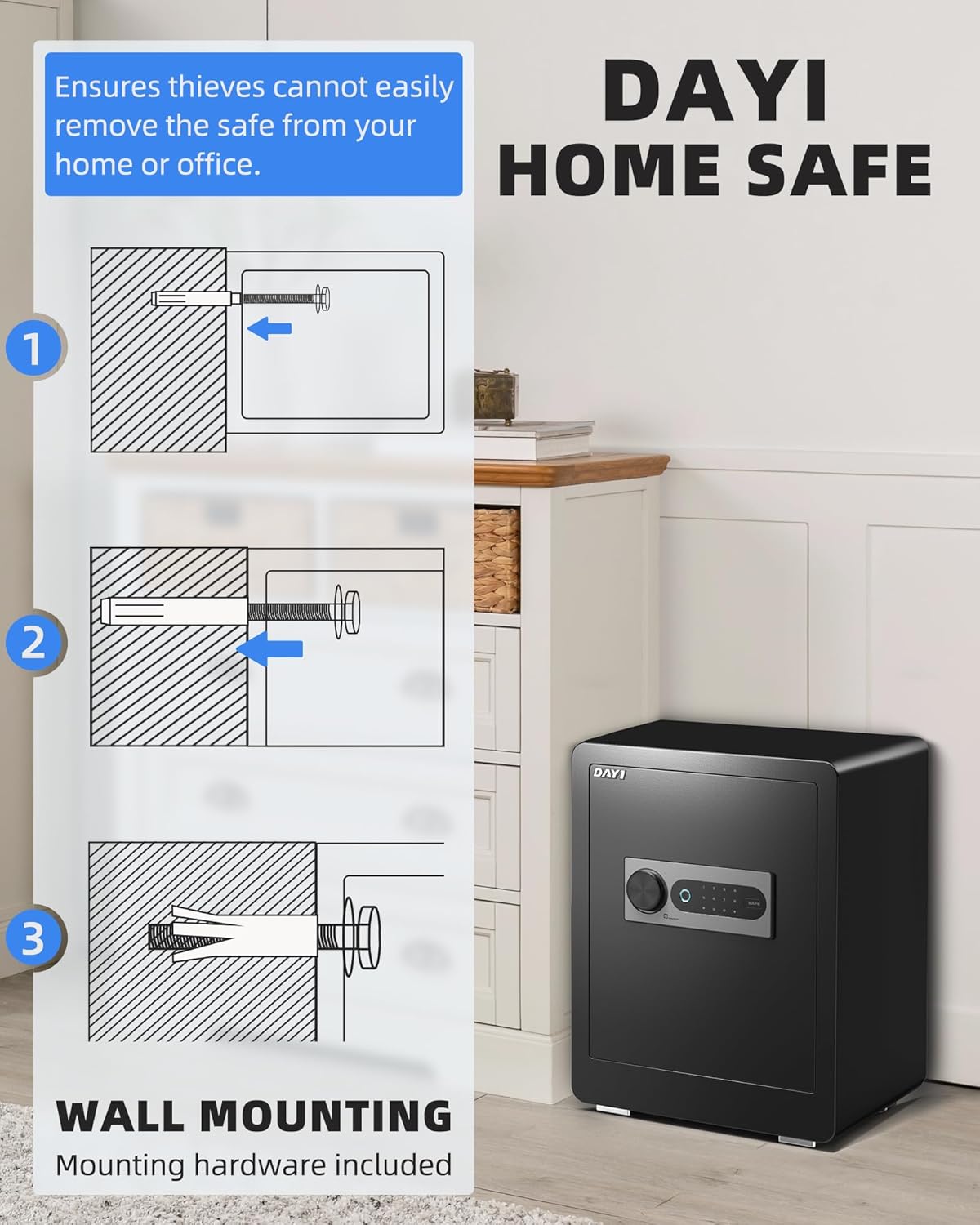 DAYI Biometric Fingerprint Safe Box, 3.0 Cubic Feet Home Safes with Fireproof Bag, Digital Touchpad Security Safe for Money Cash Documents, Dual Alarm System - DF-60 Pro