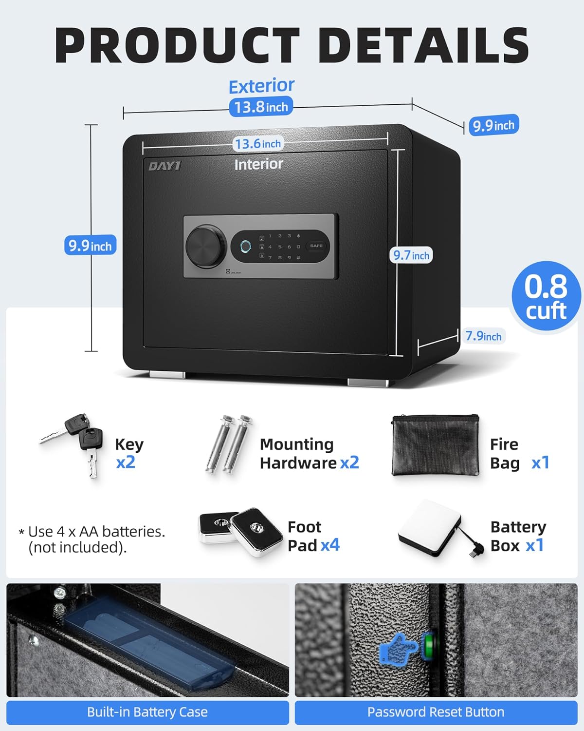 DAYI Biometric Fingerprint Safe Box, 3.0 Cubic Feet Home Safes with Fireproof Bag, Digital Touchpad Security Safe for Money Cash Documents, Dual Alarm System - DF-60 Pro