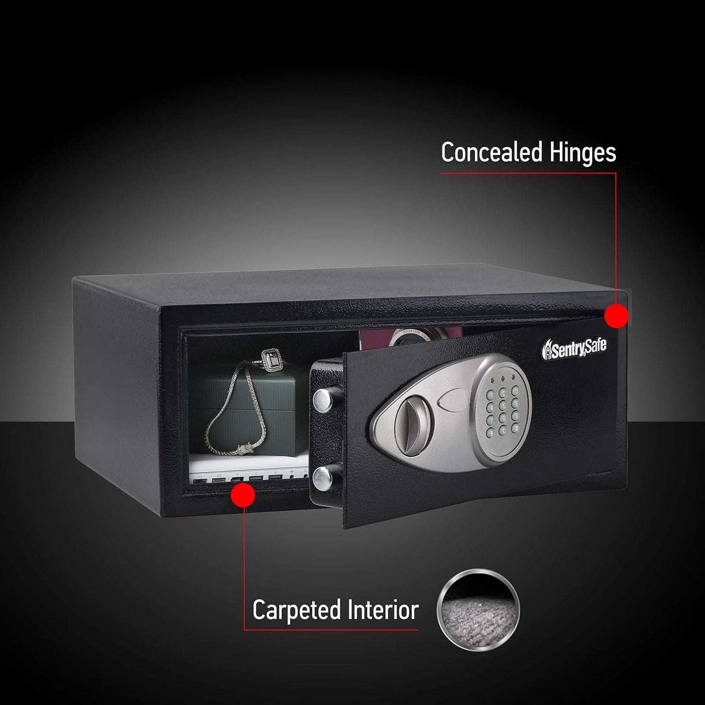 SentrySafe Safe with Digital Keypad Lock, DOJ-Certified Steel Safe with Interior Lining and Bolt Down Kit for Money, Jewelry, Electronics, 0.58 Cubic Feet, 8.7 x 13.8 x 9.7 Inches, X055