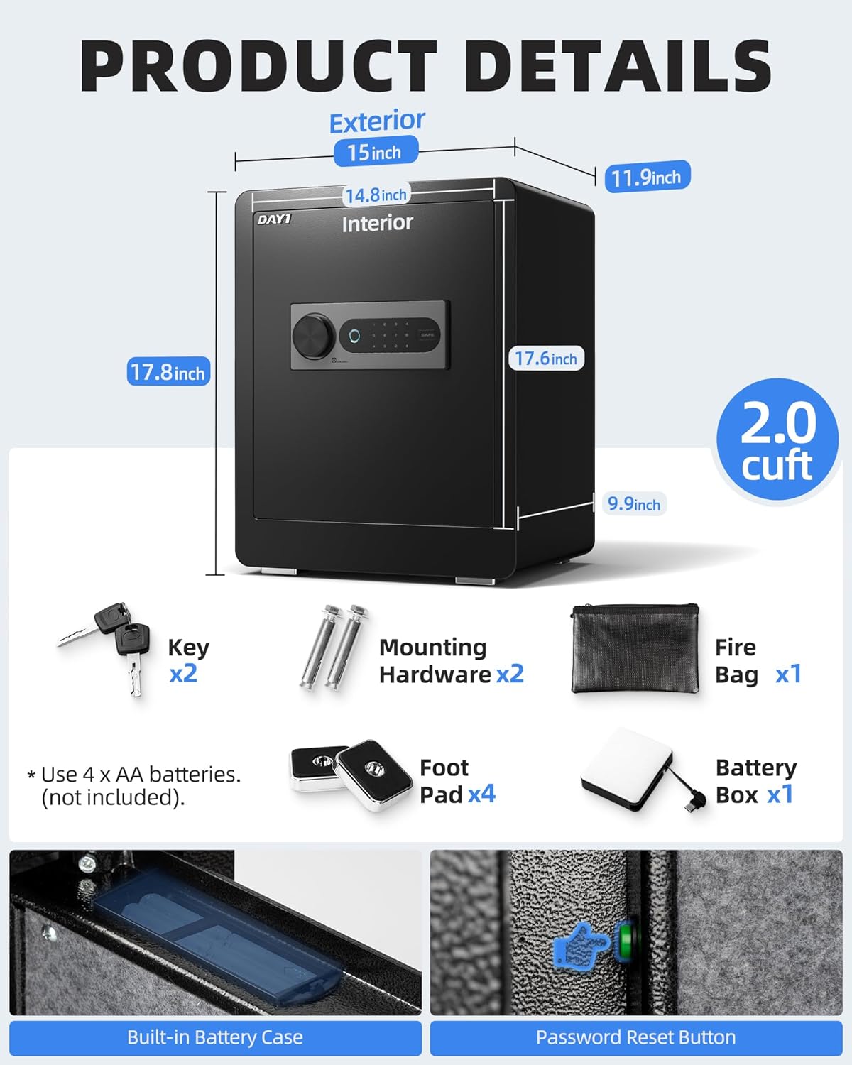 DAYI Biometric Fingerprint Safe Box, 3.0 Cubic Feet Home Safes with Fireproof Bag, Digital Touchpad Security Safe for Money Cash Documents, Dual Alarm System - DF-60 Pro