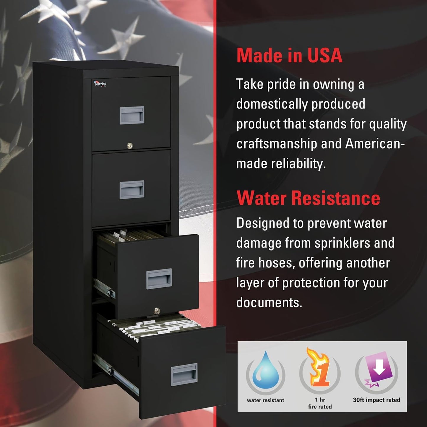 FireKing Patriot Vertical 4 Drawer Legal & Letter Fire Safe File Cabinet, Key Lock, 1 Hour Fire Rated UL Rated & Water Resistant, USA Made, Black