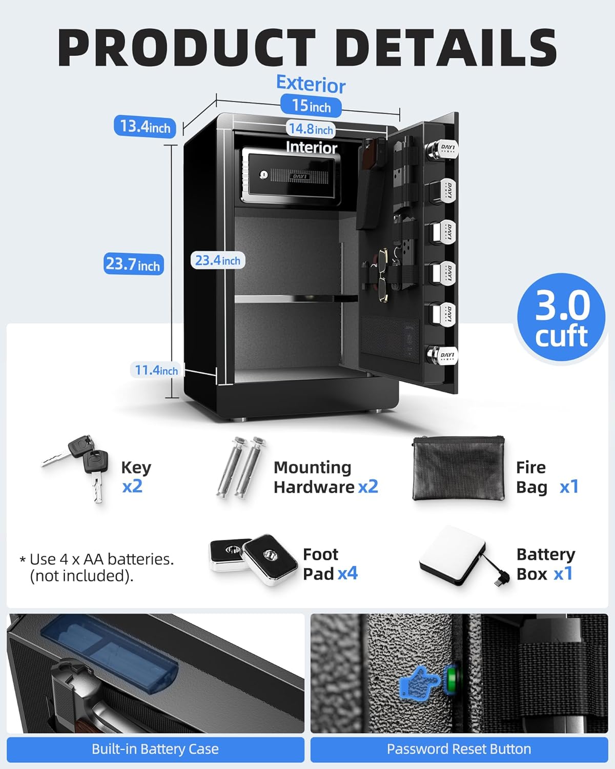 DAYI Biometric Fingerprint Safe Box, 3.0 Cubic Feet Home Safes with Fireproof Bag, Digital Touchpad Security Safe for Money Cash Documents, Dual Alarm System - DF-60 Pro