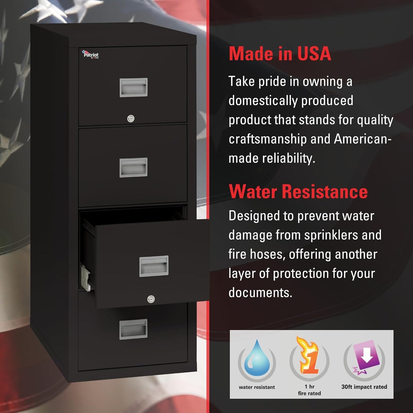 FireKing Patriot Vertical 4 Drawer Legal & Letter Fire Safe File Cabinet, Key Lock, 1 Hour Fire Rated UL Rated & Water Resistant, USA Made, Black