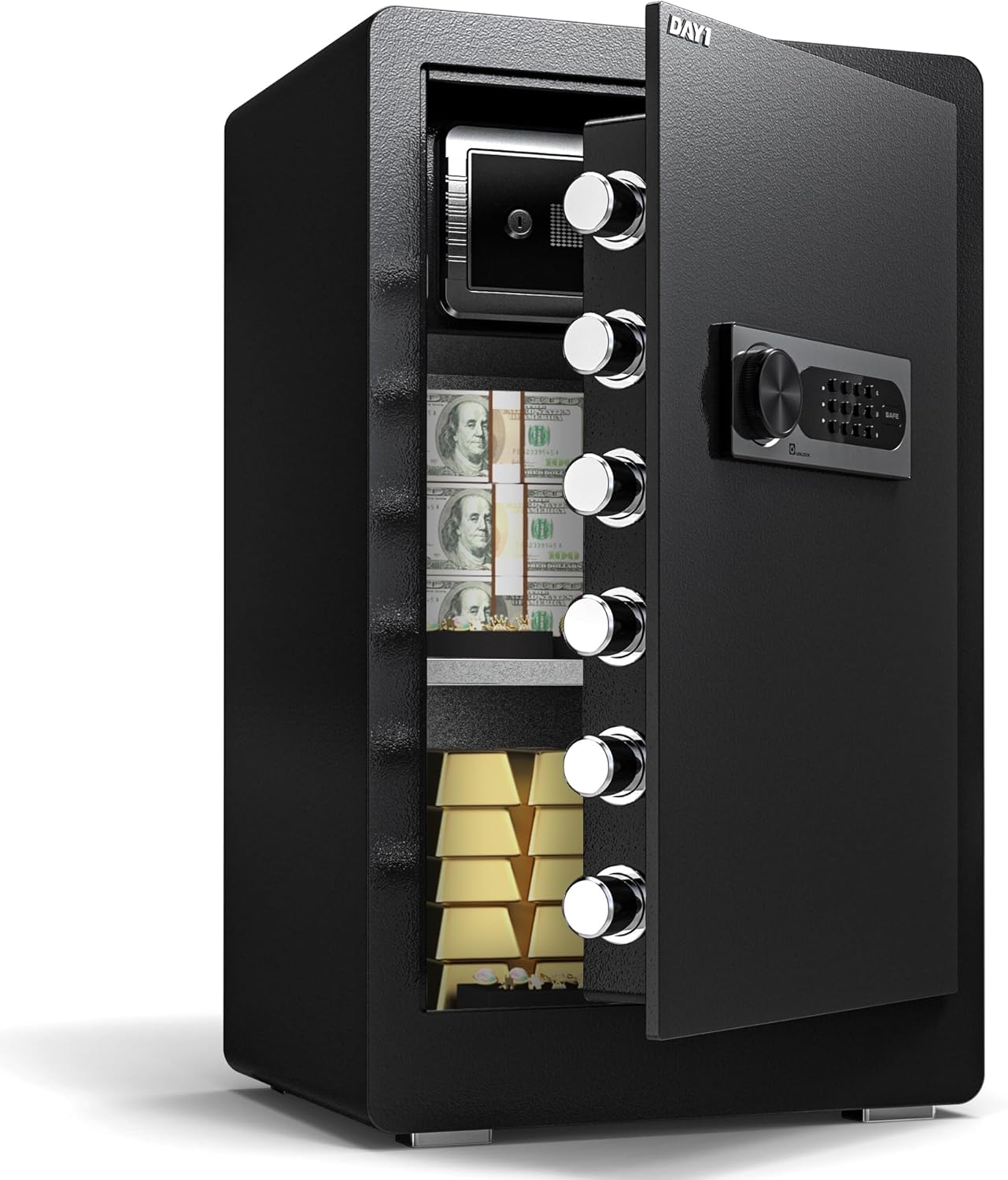 DAYI Safe Box, 2.0 Cubic Feet Home Safe with Fireproof Waterproof Bag, Security Safe Box for Money Cash Valuables, Digital Electronic Keypad, Dual Alarm System, Removable Shelf - D-45