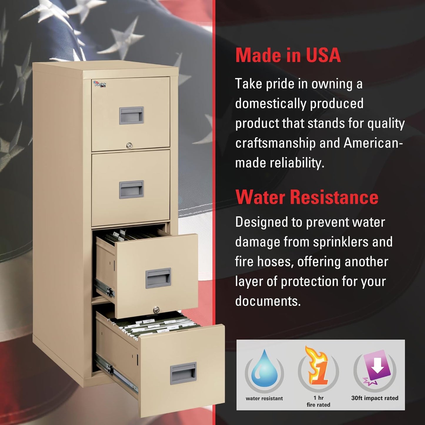 FireKing Patriot Vertical 4 Drawer Legal & Letter Fire Safe File Cabinet, Key Lock, 1 Hour Fire Rated UL Rated & Water Resistant, USA Made, Black