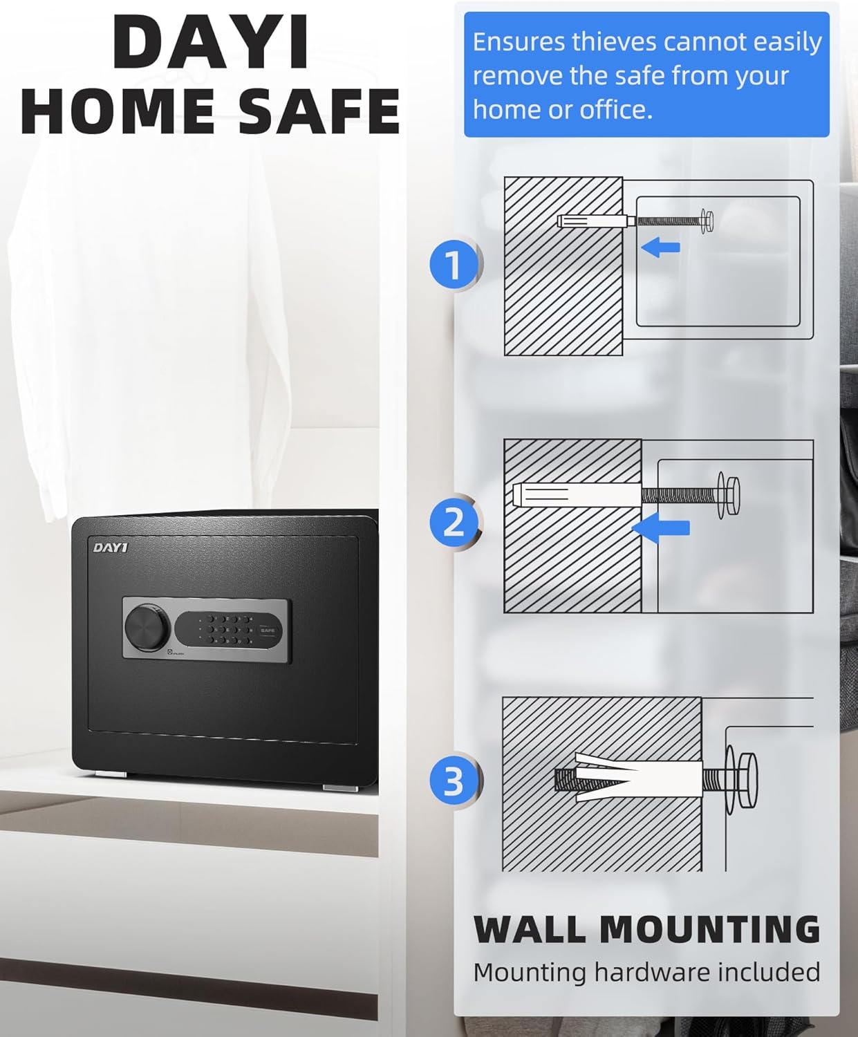 DAYI Safe Box, 2.0 Cubic Feet Home Safe with Fireproof Waterproof Bag, Security Safe Box for Money Cash Valuables, Digital Electronic Keypad, Dual Alarm System, Removable Shelf - D-45