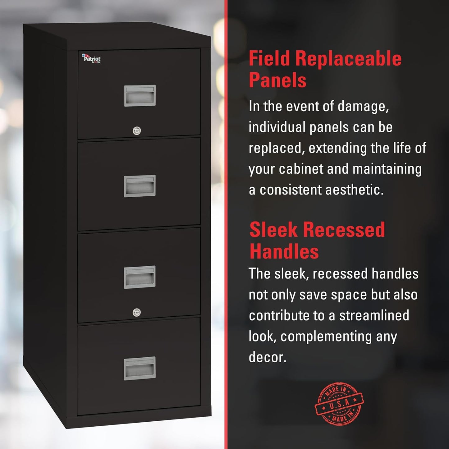 FireKing Patriot Vertical 4 Drawer Legal & Letter Fire Safe File Cabinet, Key Lock, 1 Hour Fire Rated UL Rated & Water Resistant, USA Made, Black