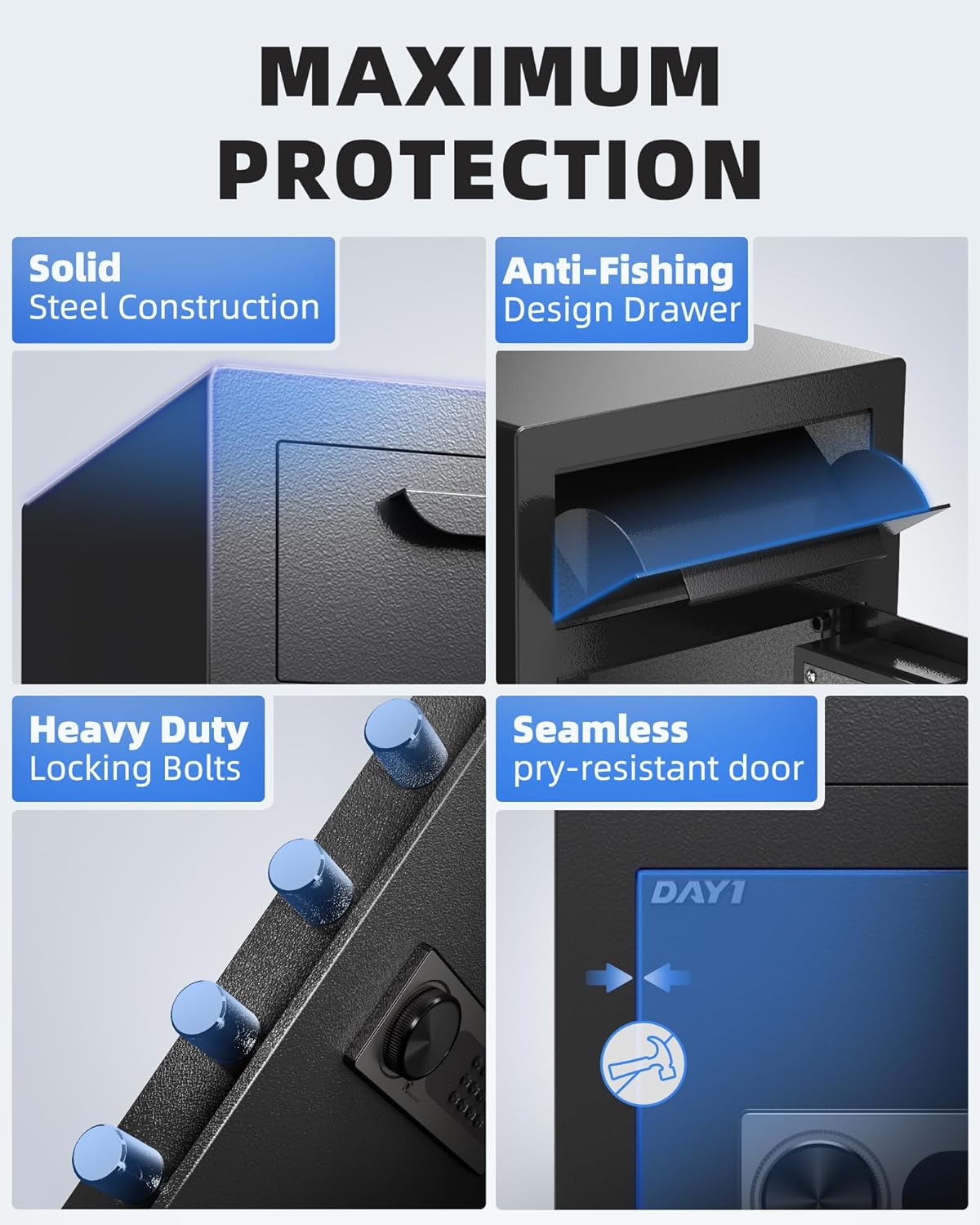 DAYI Biometric Fingerprint Safe Box, 3.0 Cubic Feet Home Safes with Fireproof Bag, Digital Touchpad Security Safe for Money Cash Documents, Dual Alarm System - DF-60 Pro