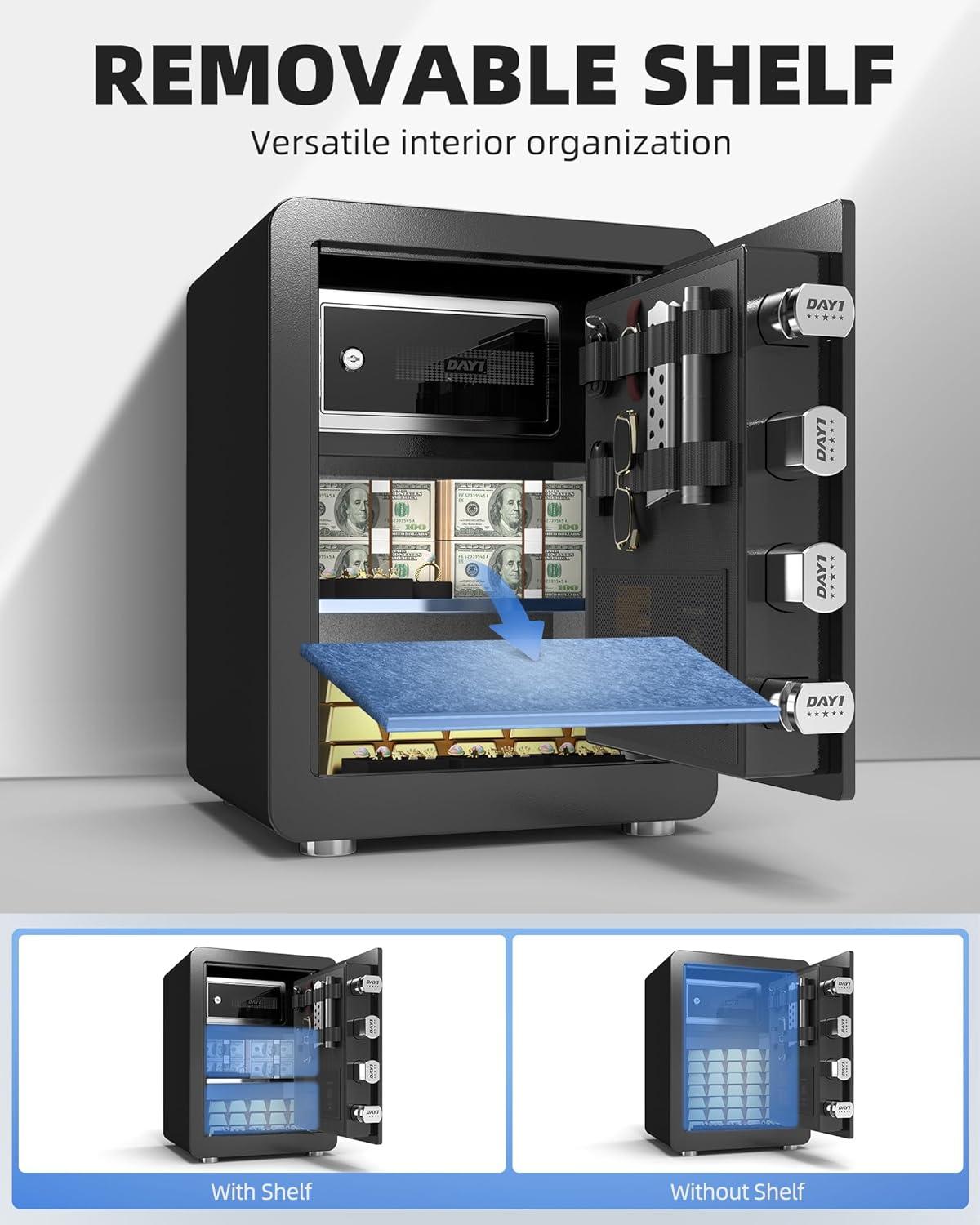DAYI Biometric Fingerprint Safe Box, 3.0 Cubic Feet Home Safes with Fireproof Bag, Digital Touchpad Security Safe for Money Cash Documents, Dual Alarm System - DF-60 Pro