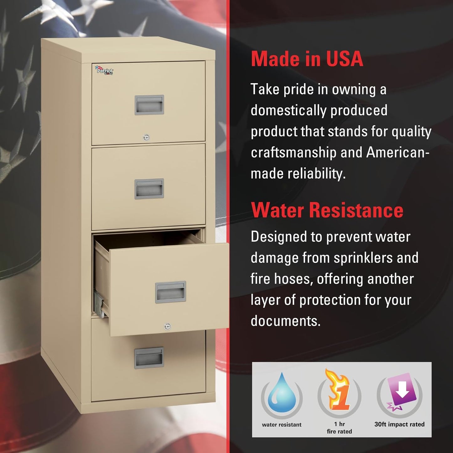 FireKing Patriot Vertical 4 Drawer Legal & Letter Fire Safe File Cabinet, Key Lock, 1 Hour Fire Rated UL Rated & Water Resistant, USA Made, Black