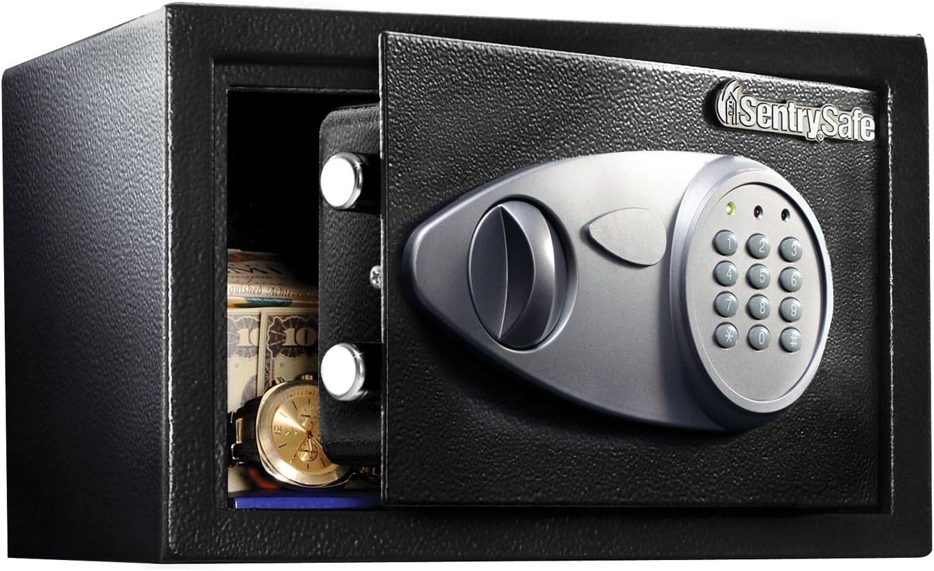 SentrySafe Safe with Digital Keypad Lock, DOJ-Certified Steel Safe with Interior Lining and Bolt Down Kit for Money, Jewelry, Electronics, 0.58 Cubic Feet, 8.7 x 13.8 x 9.7 Inches, X055