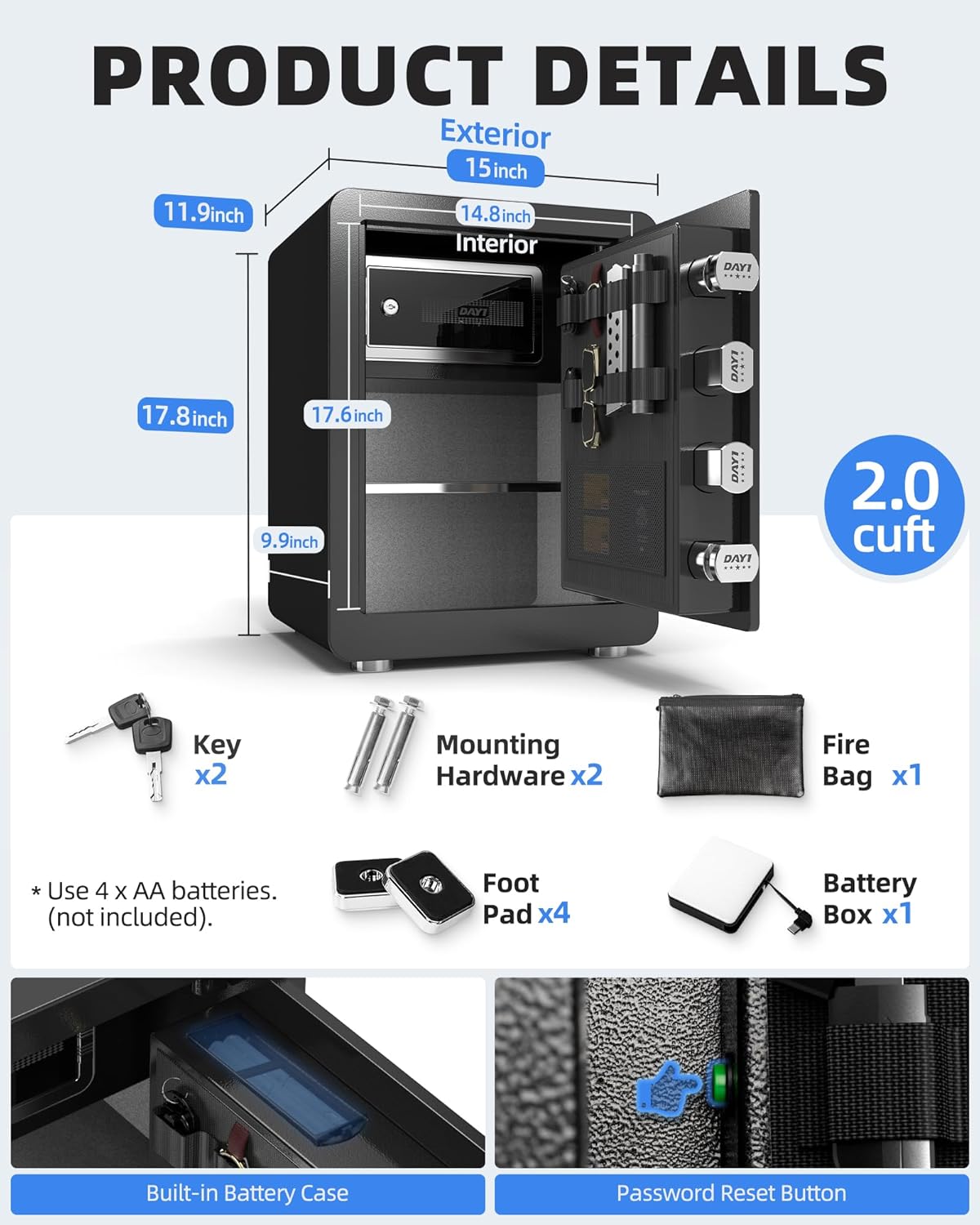 DAYI Biometric Fingerprint Safe Box, 3.0 Cubic Feet Home Safes with Fireproof Bag, Digital Touchpad Security Safe for Money Cash Documents, Dual Alarm System - DF-60 Pro