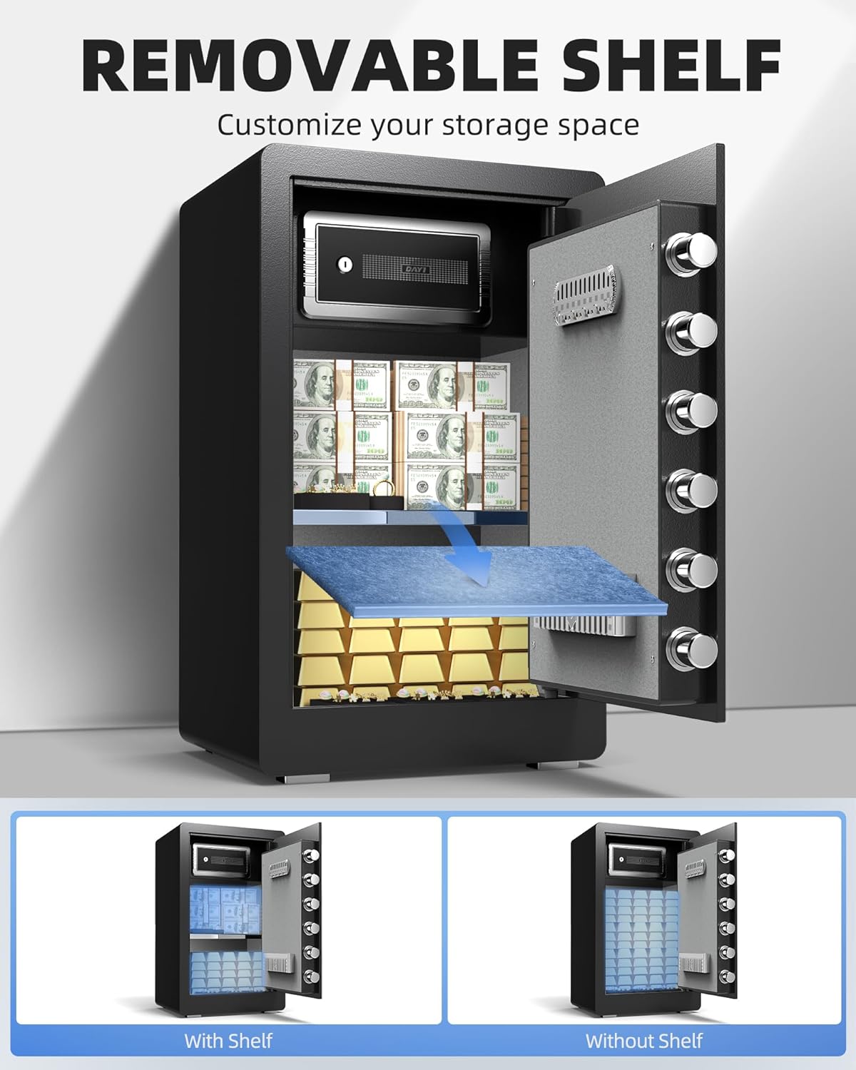 DAYI Safe Box, 2.0 Cubic Feet Home Safe with Fireproof Waterproof Bag, Security Safe Box for Money Cash Valuables, Digital Electronic Keypad, Dual Alarm System, Removable Shelf - D-45