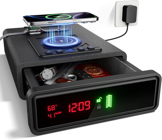 Smart Biometric Safe with Wireless Charging for Phone & Watch, 3 Access Methods to Unlock, Nightstand Drawer Safe LED Display with Humidity & Temperature Monitoring, Stopbox for Cash and Valuables