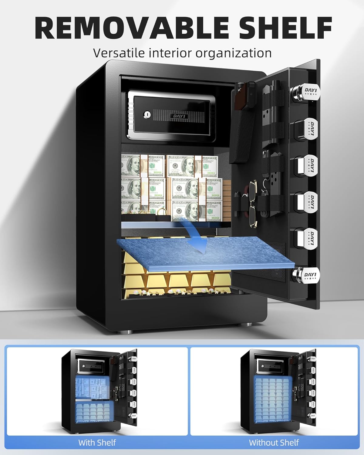 DAYI Biometric Fingerprint Safe Box, 3.0 Cubic Feet Home Safes with Fireproof Bag, Digital Touchpad Security Safe for Money Cash Documents, Dual Alarm System - DF-60 Pro