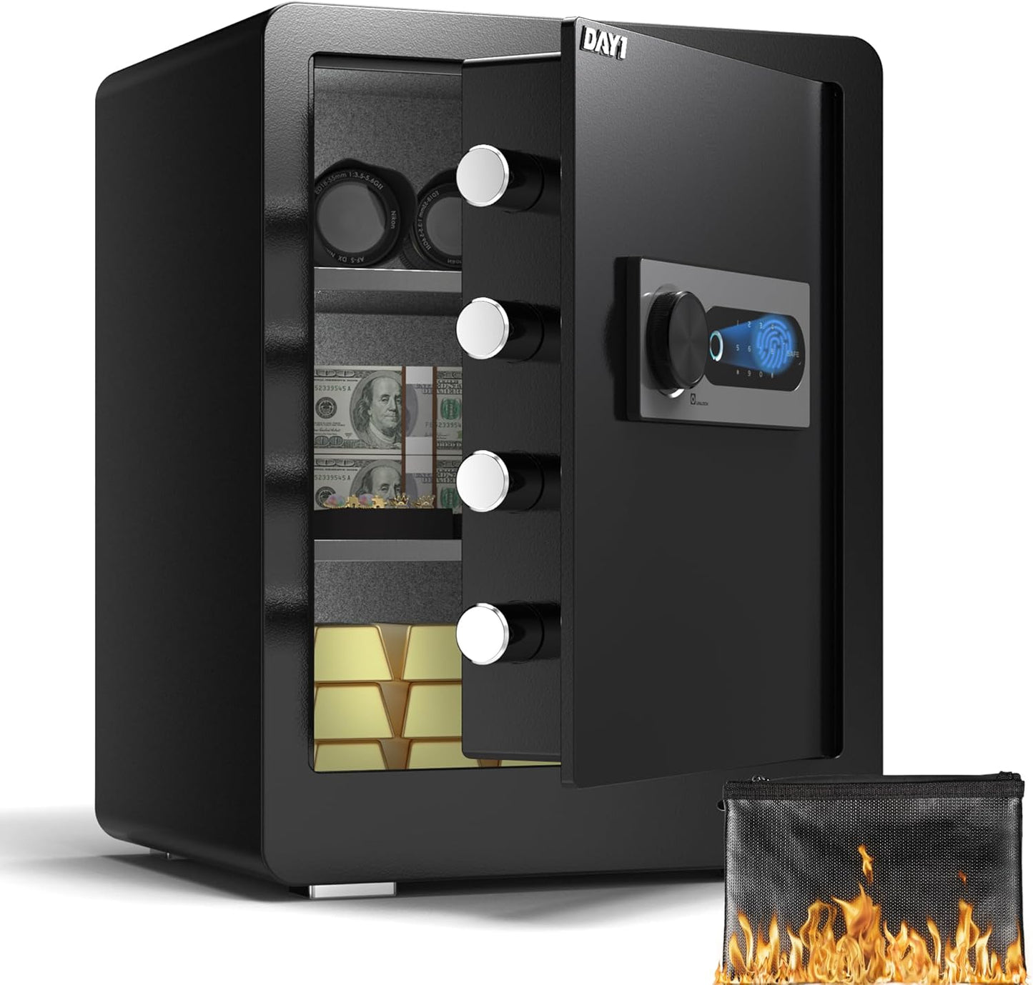 DAYI Biometric Fingerprint Safe Box, 3.0 Cubic Feet Home Safes with Fireproof Bag, Digital Touchpad Security Safe for Money Cash Documents, Dual Alarm System - DF-60 Pro
