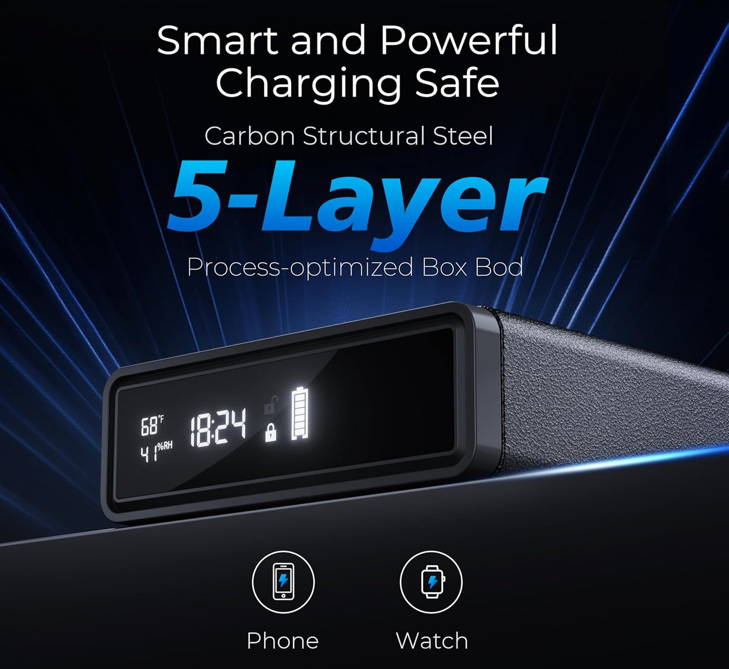 Smart Biometric Safe with Wireless Charging for Phone & Watch, 3 Access Methods to Unlock, Nightstand Drawer Safe LED Display with Humidity & Temperature Monitoring, Stopbox for Cash and Valuables