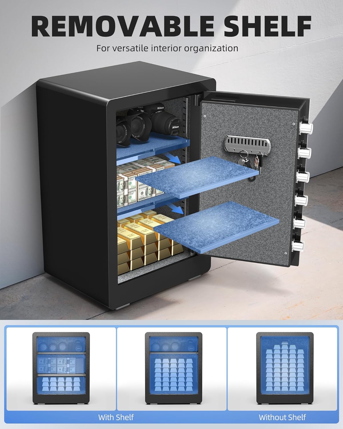 DAYI Safe Box, 2.0 Cubic Feet Home Safe with Fireproof Waterproof Bag, Security Safe Box for Money Cash Valuables, Digital Electronic Keypad, Dual Alarm System, Removable Shelf - D-45