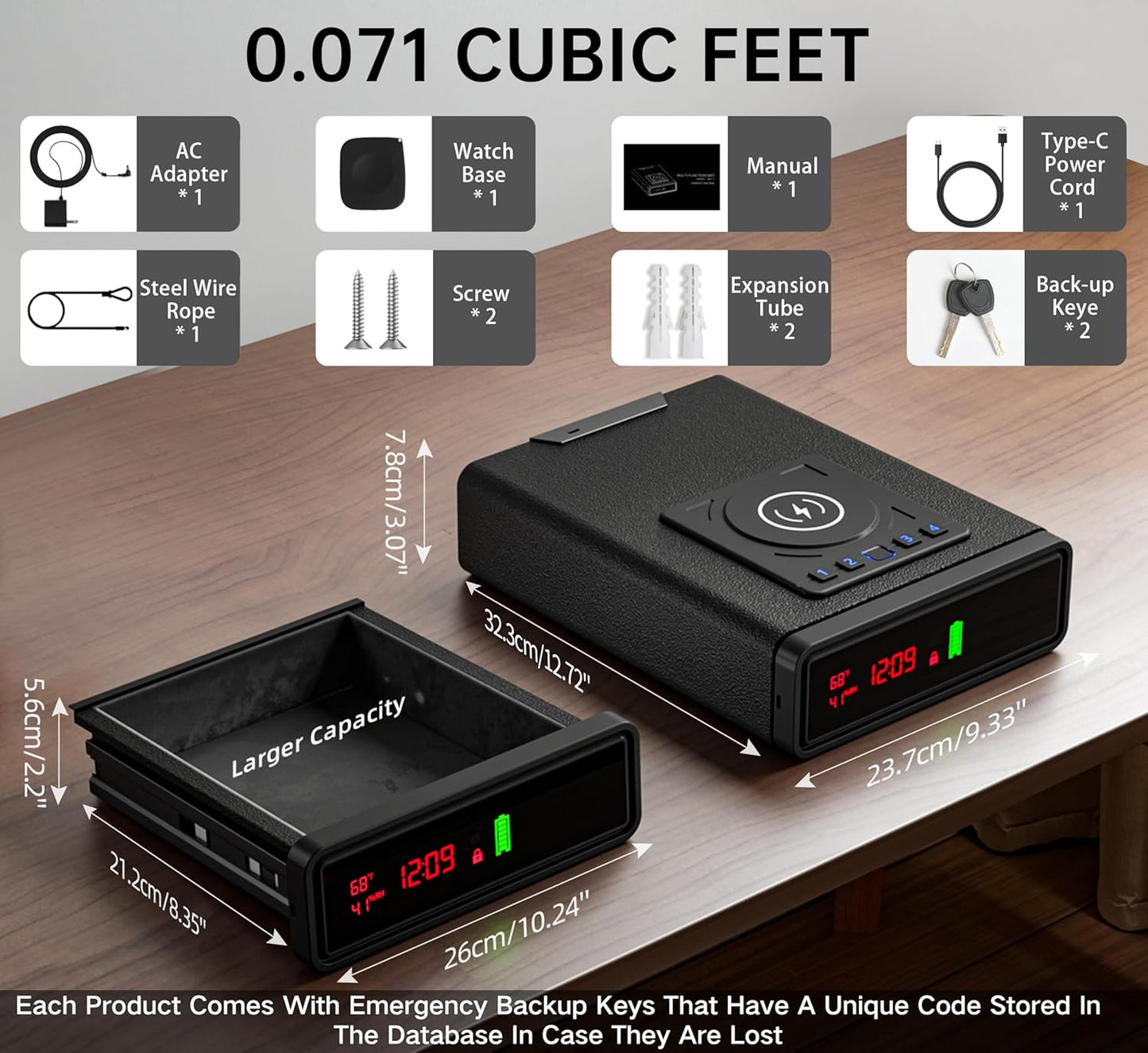 Smart Biometric Safe with Wireless Charging for Phone & Watch, 3 Access Methods to Unlock, Nightstand Drawer Safe LED Display with Humidity & Temperature Monitoring, Stopbox for Cash and Valuables