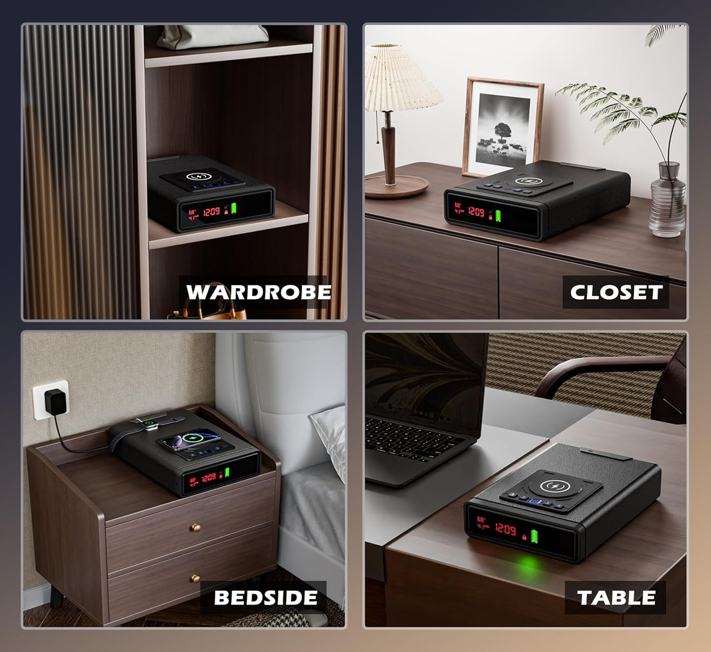 Smart Biometric Safe with Wireless Charging for Phone & Watch, 3 Access Methods to Unlock, Nightstand Drawer Safe LED Display with Humidity & Temperature Monitoring, Stopbox for Cash and Valuables