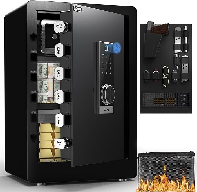 DAYI Biometric Fingerprint Safe Box, 3.0 Cubic Feet Home Safes with Fireproof Bag, Digital Touchpad Security Safe for Money Cash Documents, Dual Alarm System - DF-60 Pro