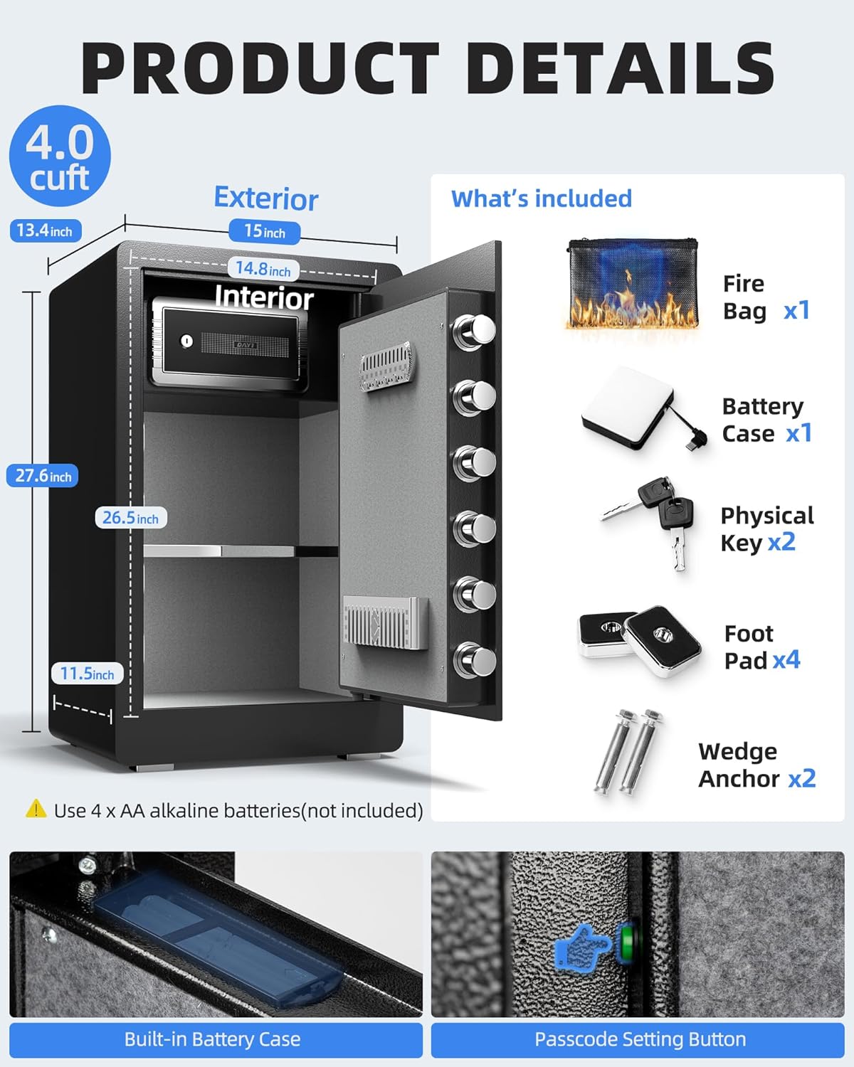 DAYI Safe Box, 2.0 Cubic Feet Home Safe with Fireproof Waterproof Bag, Security Safe Box for Money Cash Valuables, Digital Electronic Keypad, Dual Alarm System, Removable Shelf - D-45