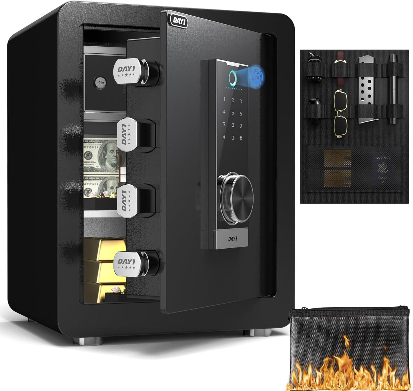 DAYI Biometric Fingerprint Safe Box, 3.0 Cubic Feet Home Safes with Fireproof Bag, Digital Touchpad Security Safe for Money Cash Documents, Dual Alarm System - DF-60 Pro