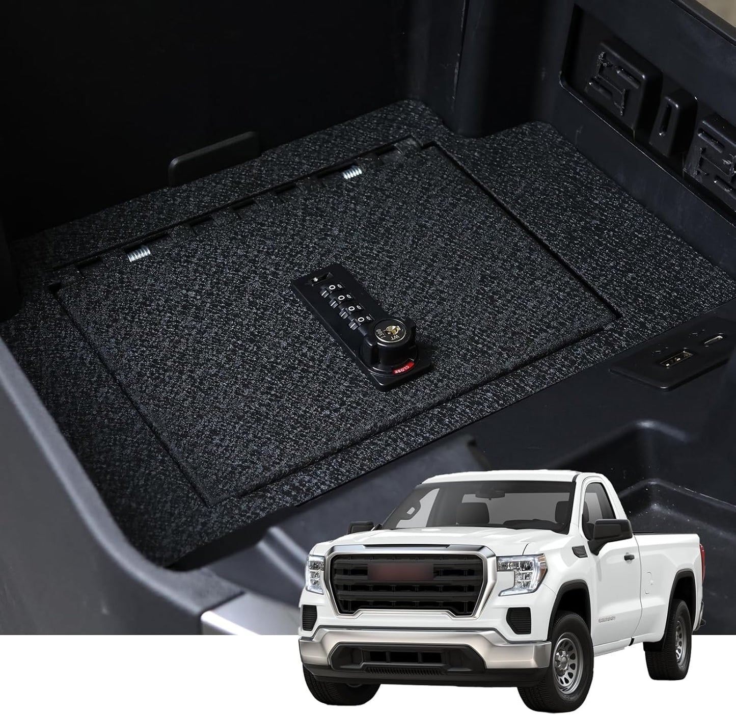 Center Console Safe Gun Safe, WASAI Premium In-vehicle Console Gun Vault Lock box Compatible with 2023-2025 Chevy Silverado 1500/GMC Sierra 1500, Electronic Keypad Lock.