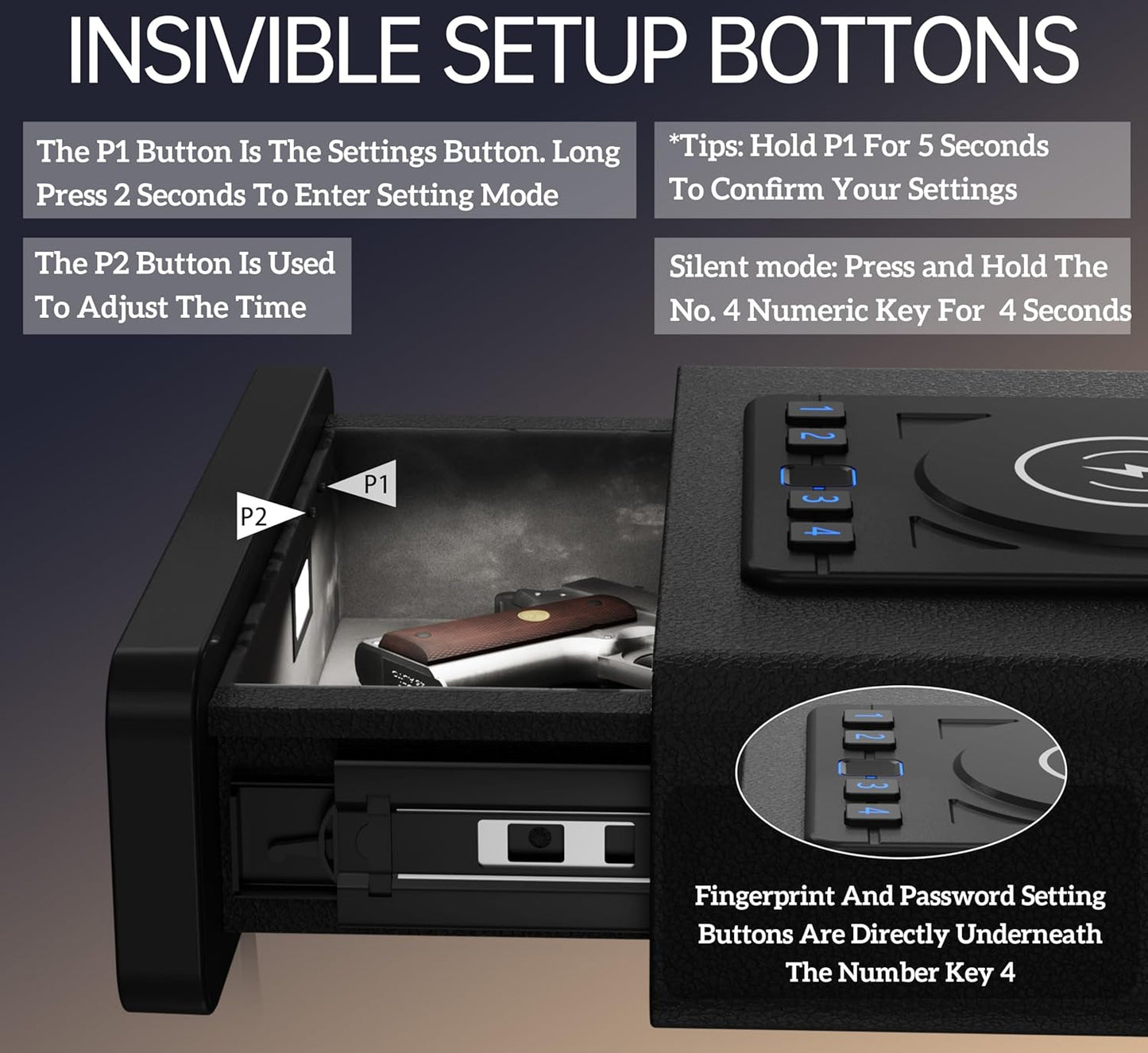 Smart Biometric Safe with Wireless Charging for Phone & Watch, 3 Access Methods to Unlock, Nightstand Drawer Safe LED Display with Humidity & Temperature Monitoring, Stopbox for Cash and Valuables