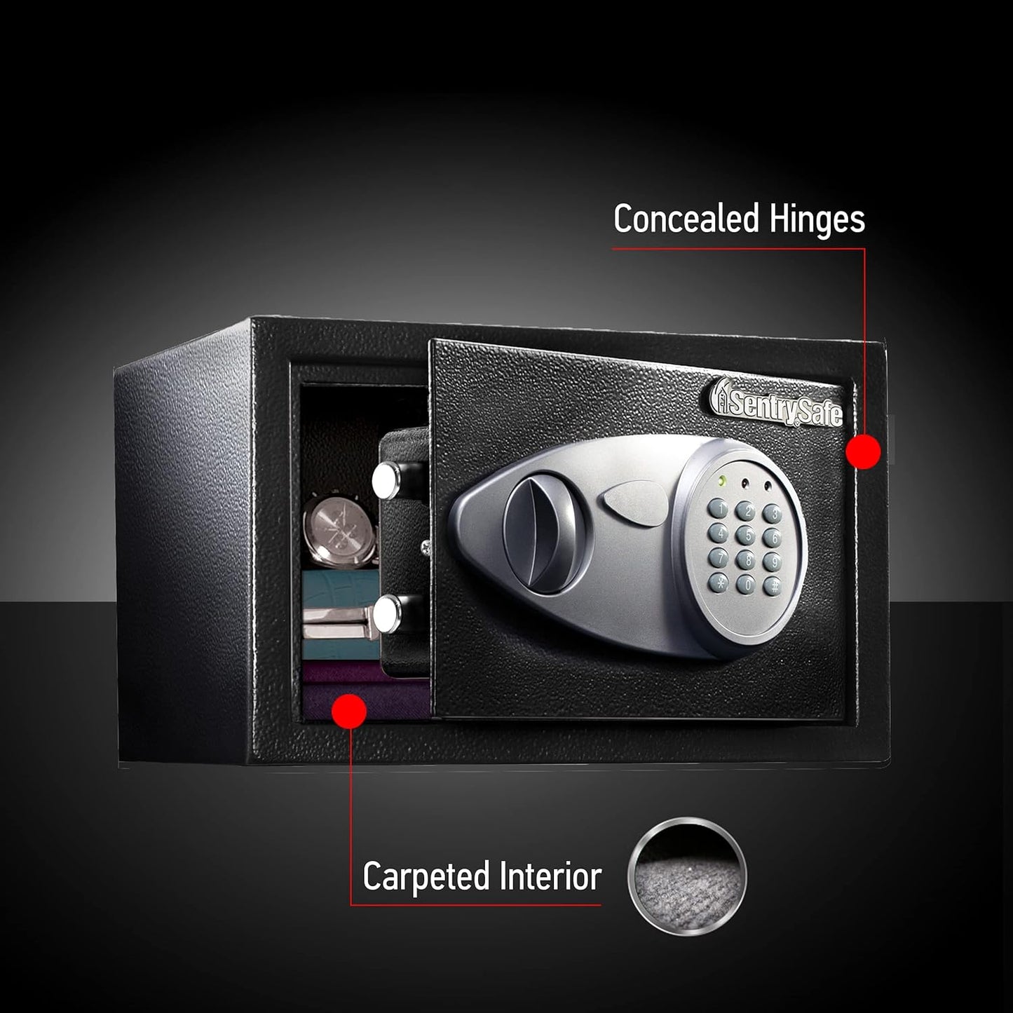 SentrySafe Safe with Digital Keypad Lock, DOJ-Certified Steel Safe with Interior Lining and Bolt Down Kit for Money, Jewelry, Electronics, 0.58 Cubic Feet, 8.7 x 13.8 x 9.7 Inches, X055