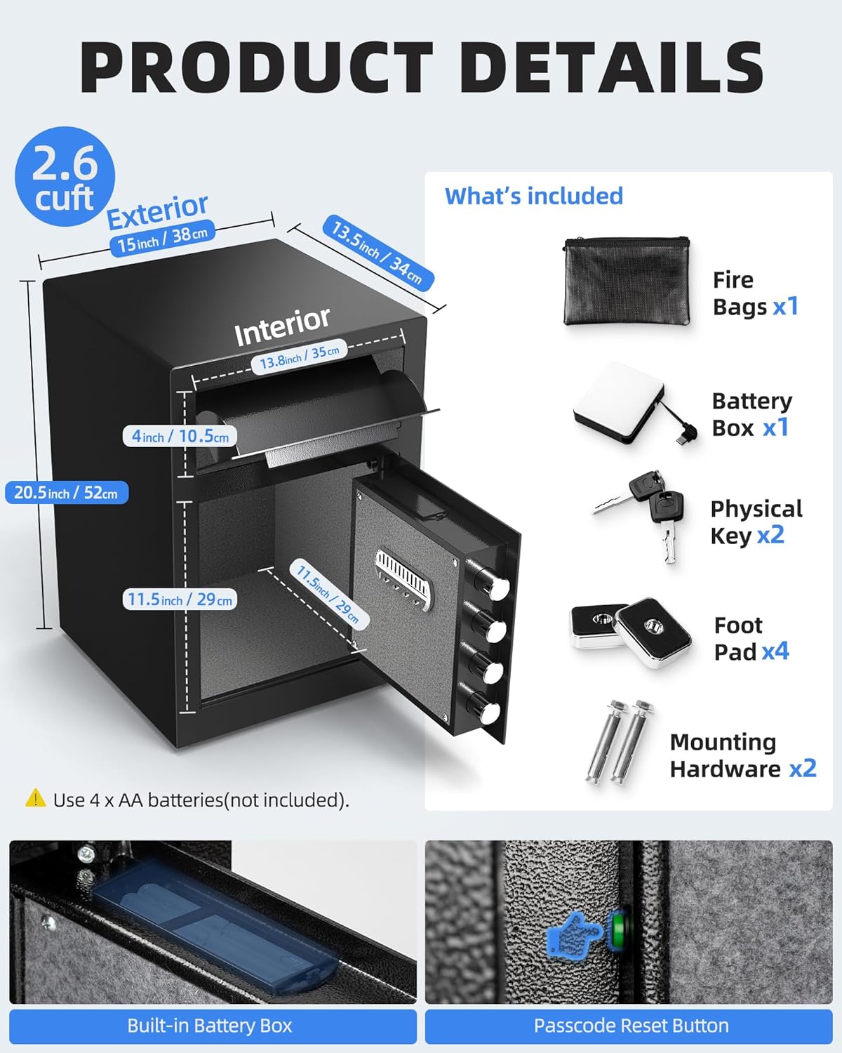 DAYI Biometric Fingerprint Safe Box, 3.0 Cubic Feet Home Safes with Fireproof Bag, Digital Touchpad Security Safe for Money Cash Documents, Dual Alarm System - DF-60 Pro